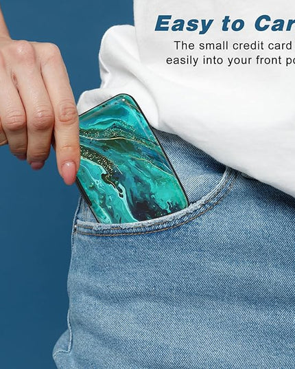 Atufsuat Credit Card Holder, Mini Aluminum Card Wallet RFID Blocking Slim Metal Hard Card Case for Women Men, Ocean Marble