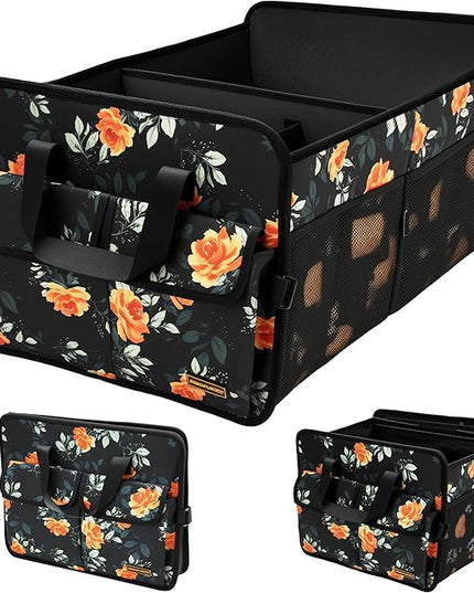 Sturdy Car Trunk Organizer – Large Capacity Trunk Organizer for SUVs & Sedans, Hard-Shell One-Piece Design with Cute Print, Collapsible and Durable Car Organizers (Flower 70L)