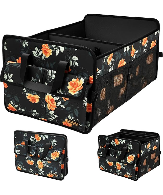 Sturdy Car Trunk Organizer – Large Capacity Trunk Organizer for SUVs & Sedans, Hard-Shell One-Piece Design with Cute Print, Collapsible and Durable Car Organizers (Flower 70L)