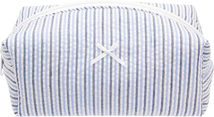 PAZIMIIK Cozy Makeup Bag Small Aesthetic Travel Zipper Cosmetic Pouch for Women Make Up Beauty Accessories Brushes, Stripe Blue Mix