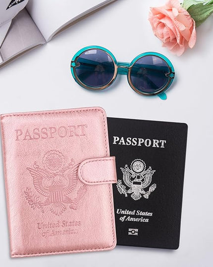 WALNEW Passport Holder for Travel, RFID Passport Cover Wallet for Women Men, PU Leather Passport Book Card Holder Case with Pen (Buckle Closure, Buckle-Rosegold)