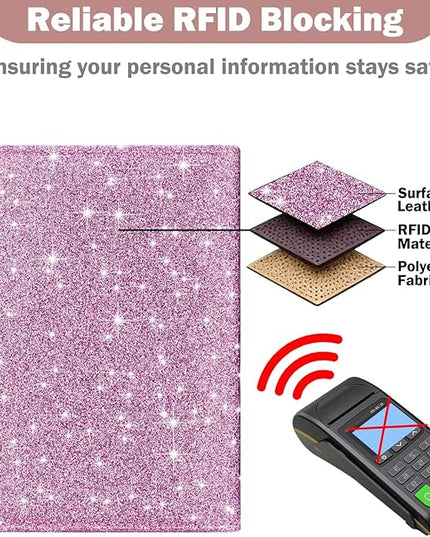 HOTCOOL Passport Holder Travel Essentials Airplane & Cruise Essentials Ship Leather Wallet Cover Case RFID Blocking Women & Men Vacation Travel Accessories Gifts Deals, Glitter - Purple