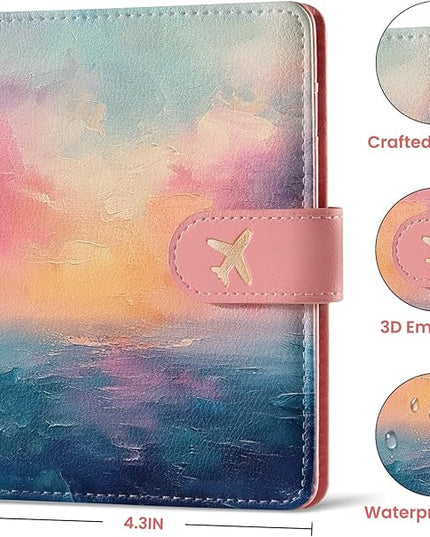 Passport Holder for Travel Essentials, RFID Blocking Leather Cover Wallet with Magnetic Closure, Aesthetic & Cute Passport Book Case for Women and Men - Sunrise (Upgraded with Money Pocket)