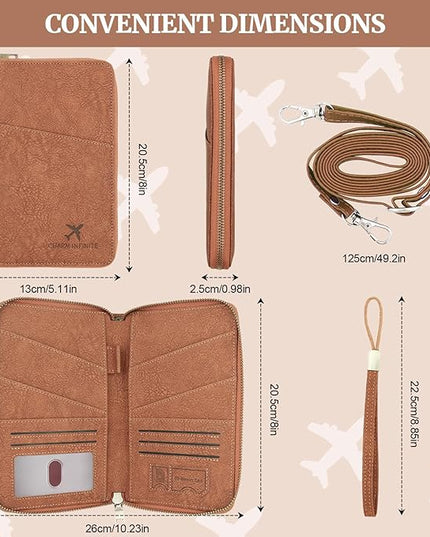 Family Passport Holder Wallet with Zipper, RFID Blocking Travel Document Organizer for Women Men, Travel Essentials Gift, Can be Worn Crossbody (Brown)