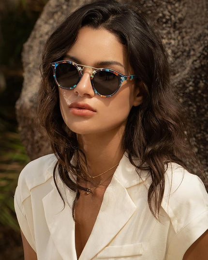 CARFIA Small Face Acetate Polarized Sunglasses for Women UV Protection, Retro Double Bridge Eyewears Metal Brow Round Sunnies