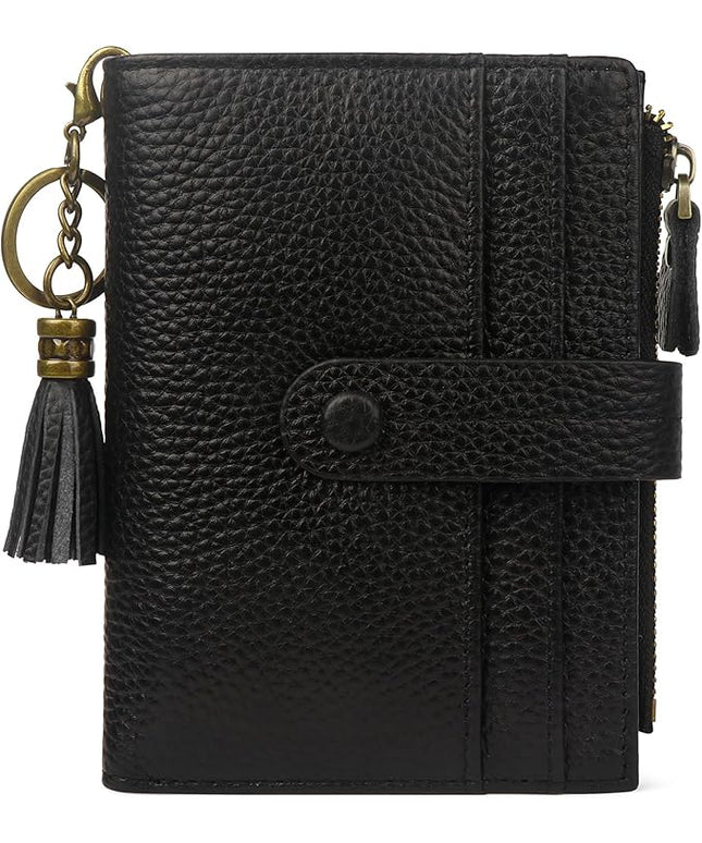 Blucoay Leather Wallet Women,RFID Blocking Small Wallet for Women Compact Card Holder Bifold Tassel Wallet Coin Purse With ID Window lzblack