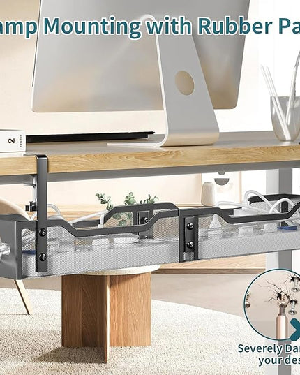 Under Desk Cable Management Tray 32'', Cable Management Under Desk No Drill, Cable Organizer with Clamp for Wire Management, Cord Organizer for Office, Home - No Damage to Table (Black)