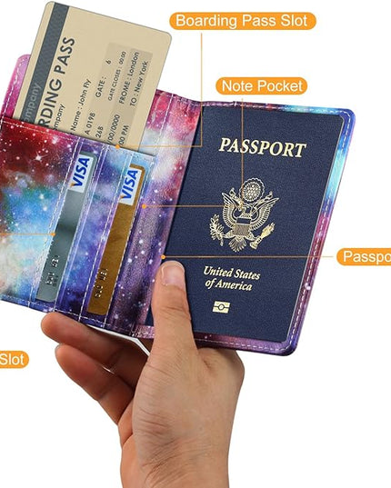 Passport Holder Cover Case PU Leather RFID Blocking Card Pockets Holder Cute Luggage Magnetic Wallet Case for Women Men, Colorful Galaxy