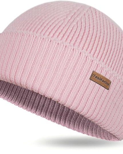 100% Merino Wool Fisherman Beanie for Men Women, Short Knit Cuff Trawler Winter Hat, Warm Soft Outdoor Gift