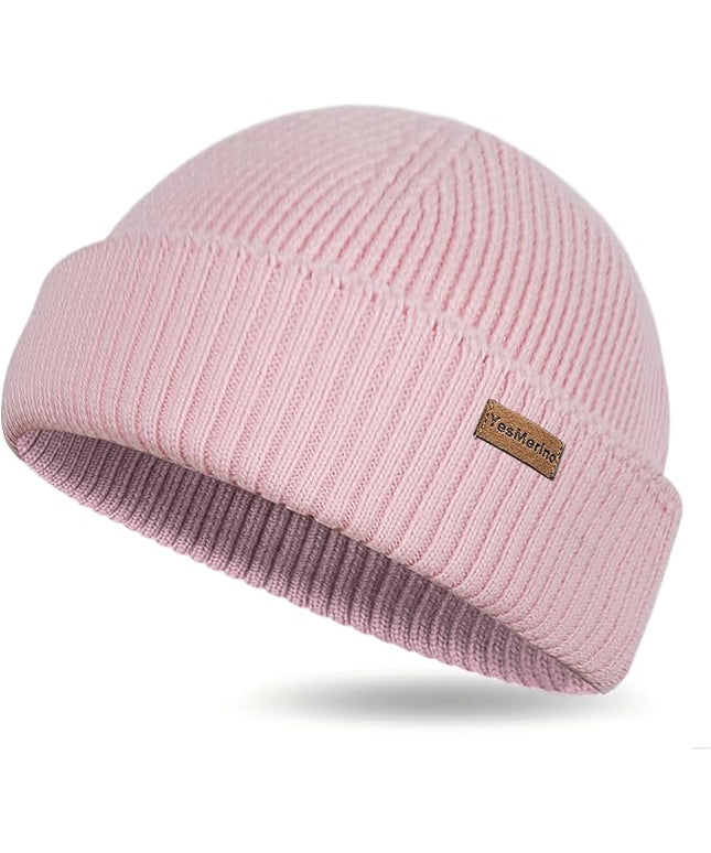 100% Merino Wool Fisherman Beanie for Men Women, Short Knit Cuff Trawler Winter Hat, Warm Soft Outdoor Gift