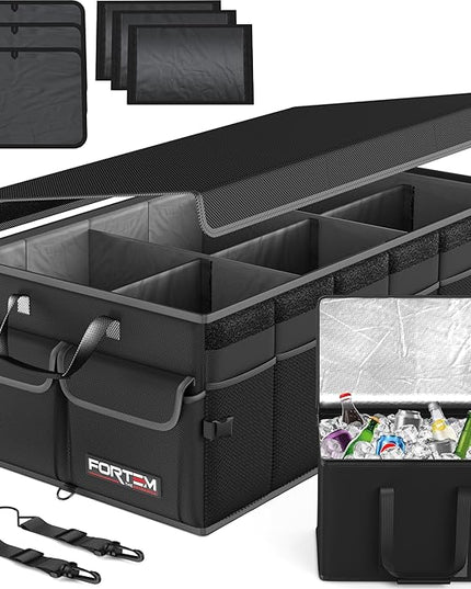 FORTEM Trunk Organizer with Cooler For SUV Car Trunk, Foldable Storage, Car Accessories for Women Men, Collapsible Bag, Perfect Christmas Gifts, 600D Oxford, Non Slip Bottom, Straps, Soft Cover (105L)