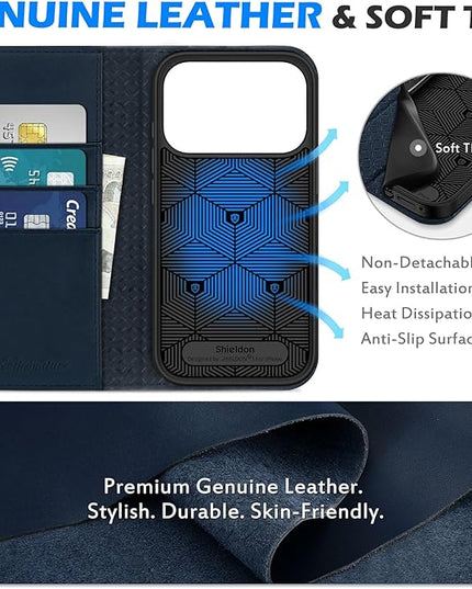 SHIELDON Case Wallet for iPhone 17 Pro 6.3-inch | Genuine Leather | RFID Blocking Credit Card Holder | Magnetic Closure | Folio | Kickstand | TPU Soft Full Protective Cover 2025 | Navy Blue