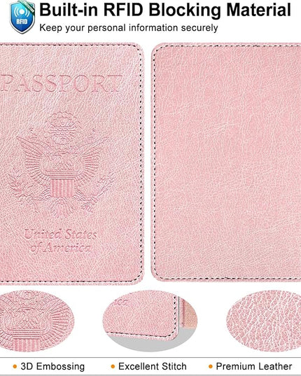 RSAquar Passport Holder for Women and Men, Premium PU Leather Travel Passport Wallet RFID Blocking Passport Cover Travel Documents Organizer (Rose Gold)