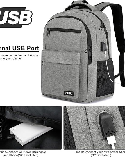 School Backpack for Teen Boys & Girls Students, 15.6 Inch Laptop Backpack with USB Charging Port - College Business Travel Bookbag, Grey