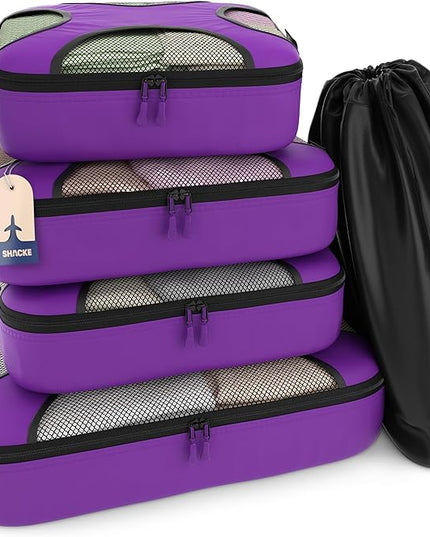 Shacke Premium 5 Packing Cubes Set - Lightweight Mesh Travel Luggage Organizers with Laundry Bag, 5-Piece Suitcase Storage System (Orchid Purple)