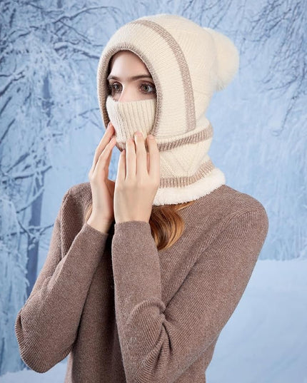 HUAMULAN Women Winter Beanie Hats One Piece Fleece Lined Knit Balaclavas Mask Set Skull Neck Circle Scarf Ski Snow Hat Pompom