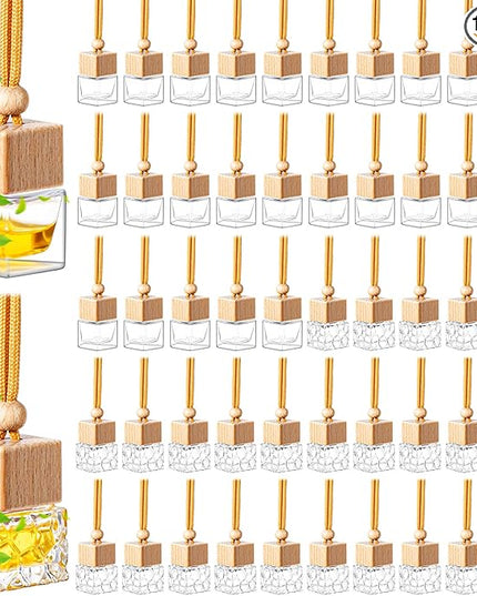 BBTO 100 Pcs Car Air Fresheners Diffuser with Wooden Cap - Empty Aromatherapy Diffuser Clear Fragrance Holder Pendant Hanging Perfume Fresheners for Car Decor (Clear, Square Style)