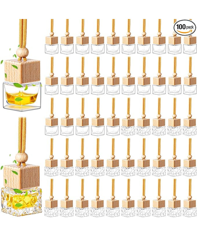 BBTO 100 Pcs Car Air Fresheners Diffuser with Wooden Cap - Empty Aromatherapy Diffuser Clear Fragrance Holder Pendant Hanging Perfume Fresheners for Car Decor (Clear, Square Style)
