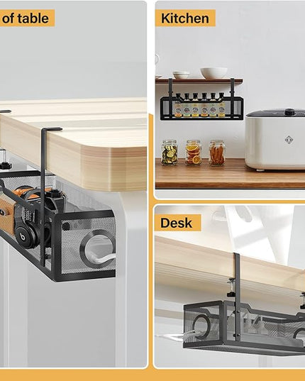 Under Desk Cable Management Tray Black, Cinati Wire Organizers No Drill, Cable Tray with Clamp for Wire Management, Cord Organization Box for Office, Home - No Damage to Desk