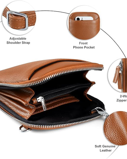 befen Genuine Leather Crossbody Cell Phone Purse for Women, Small Zip Around RFID Blocking Crossbody Wallet Bags
