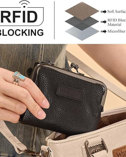 Montana West Wrangler Women's Wallet RFID Blocking Wallets Small Bifold Credit Card Holder with Kiss Clasp Black