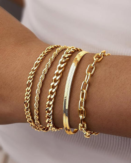 Gold Bracelets Set for Women Stack, Dainty Thick Bracelets Stack for Women Trendy, Simple Thin Gold Plated Cuff Stackable Bracelets With Beaded Cuban Paperclip Snake Rope Bangle Hand Chain Jewelry Gifts for Women Non Tainish