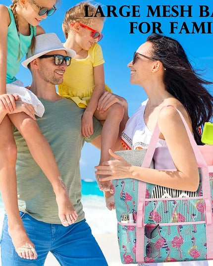 Mesh Beach Bag, Large Beach Tote with Zipper Pocket, Toys Pool Bag for Family Travel Vacation Cruise Essentials