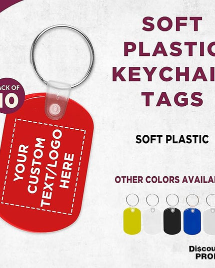 DISCOUNT PROMOS Tag Soft Plastic Keychains - 10 pack - Customizable Text, Logo - Small Key Tag Chain For Staying Organized - Rubber Key Ring Keychain – Red
