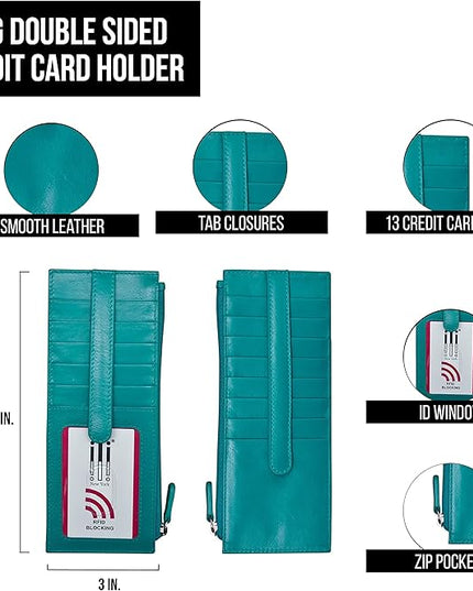ili New York Long Double Sided Slim Wallet, RFID Blocking Card Holder with ID Window and Side Zip Pocket for Men and Women, Aqua