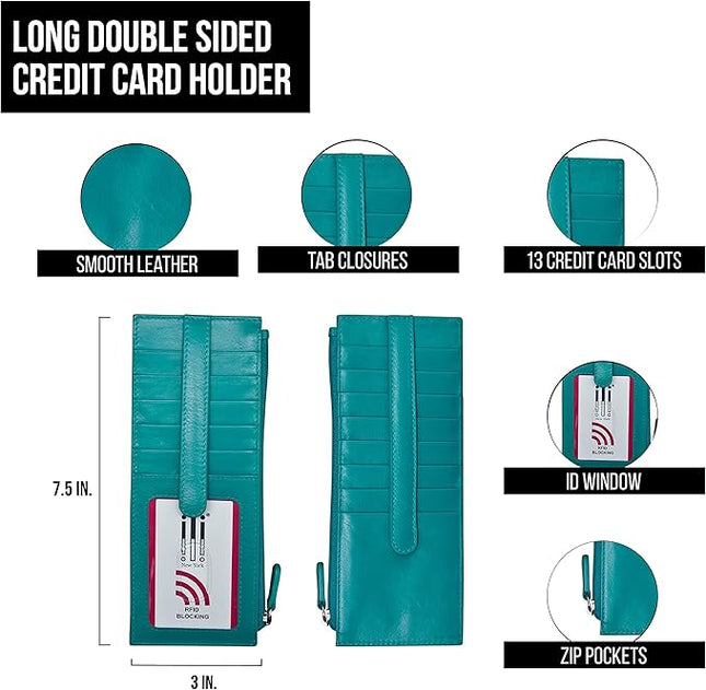 ili New York Long Double Sided Slim Wallet, RFID Blocking Card Holder with ID Window and Side Zip Pocket for Men and Women, Aqua