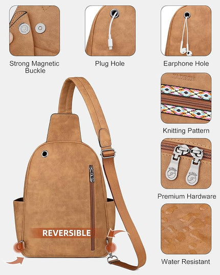 FADEON Large Sling Bag for Women, Leather Crossbody Purse Designer Anti Theft Sling Backpack, RFID Fanny Packs for Travel