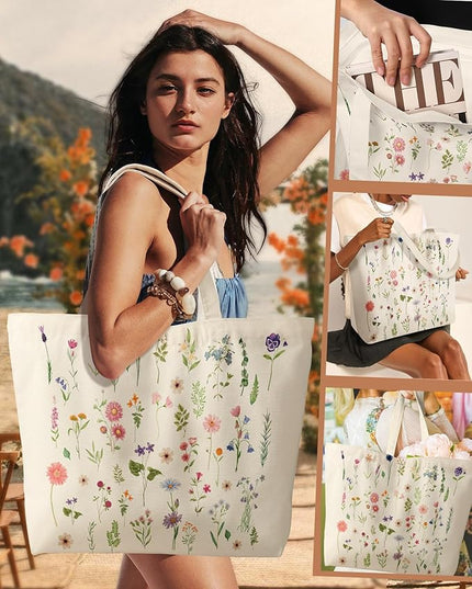 Large Tote Bag for Women - Aesthetic Cute Big Canvas Bags with Zipper Cotton Shoulder Bag for Gym, Travel, Work