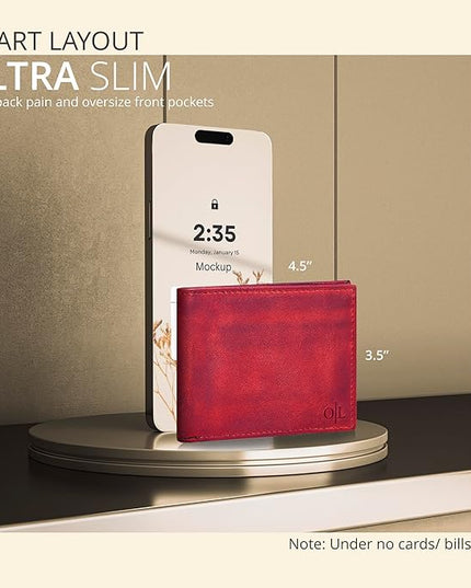 Oak Leathers Slim Leather Wallet for Men - RFID Blocking Slim Minimalist Front Pocket - Thin & Stylish with ID Window, Gift For Men (Vintage Red)