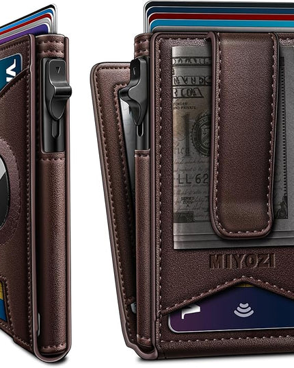 miyozi Airtag Wallet for Men Money Clip 9-Card Pop-Up Credit Card Holder with ID Window RFID Blocking Metal Case Magnetic Closure Front Pocket Wallet Gift Box
