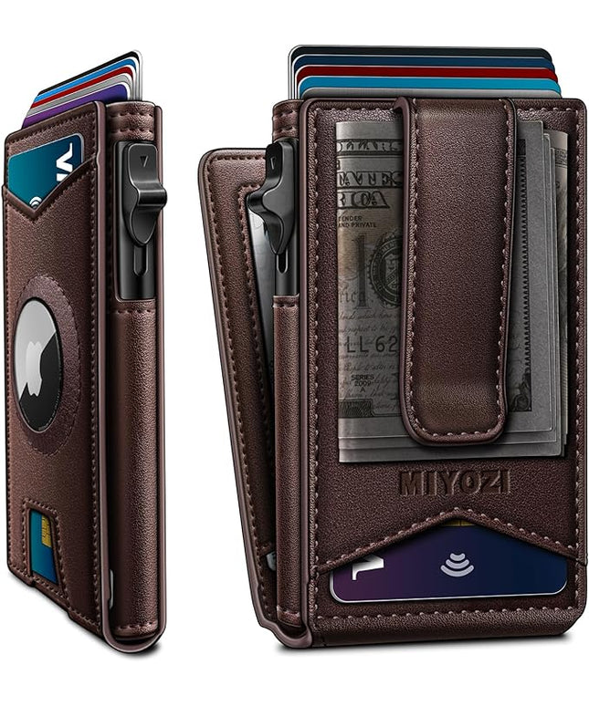 miyozi Airtag Wallet for Men Money Clip 9-Card Pop-Up Credit Card Holder with ID Window RFID Blocking Metal Case Magnetic Closure Front Pocket Wallet Gift Box