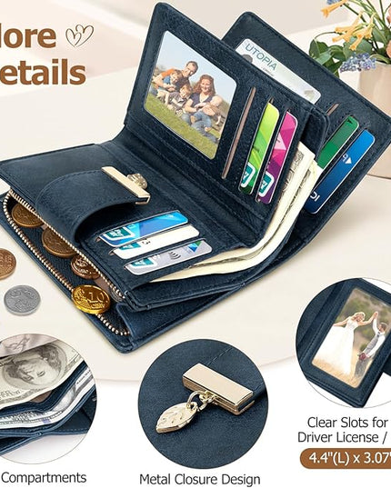 HUANLANG Small Wallets for Women Rfid Blocking Leather Bifold Credit Card Holder Ladies Wallet Zipper Pocket with ID Window