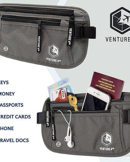 VENTURE 4TH Money Belt for Travel – Hidden Under-Clothes RFID Blocking Passport Holder & Slim Travel Wallet Pouch for Men & Women to Protect Cash, Cards & Documents (Gray)