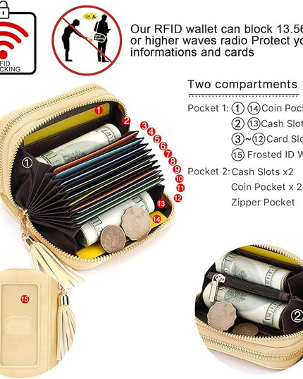 APHISON RFID Credit Card Holder Zipper Card Case Keychain Small Wallet for Women Double-Zip LIGHT-YELLOW