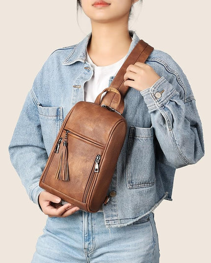 FADEON Sling Bag for Women, Crossbody Backpack with Tassels, Designer Leather Shoulder Chest Bags for Travel