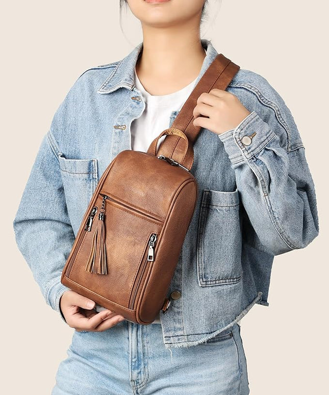FADEON Sling Bag for Women, Crossbody Backpack with Tassels, Designer Leather Shoulder Chest Bags for Travel
