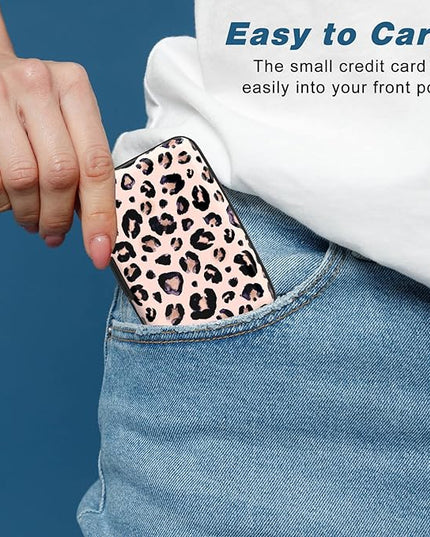 Atufsuat Credit Card Holder, Mini Aluminum Card Wallet RFID Blocking Slim Metal Hard Card Case for Women Men, Pink Leopard