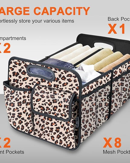 Trunk Organizer, Collapsible Trunk Organizers and Storage, Car Accessories for Women and Men, Multi-Compartment Trunk Storage Organizer for SUV, Car, Mini-Van, Leopard Print