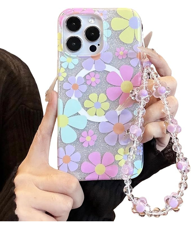 Compatible with iPhone 14 Cases Cute Bling Sparkly Floral Phone case,Flower with Wrist Strap Design, Compatible MagSafe Silicone Shockproof Phone case for Women and Teenage Girls.