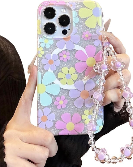 Compatible with iPhone 14 Pro Cases Cute Bling Sparkly Floral Phone case,Flower with Wrist Strap Design, Compatible MagSafe Silicone Shockproof Phone case for Women and Teenage Girls.