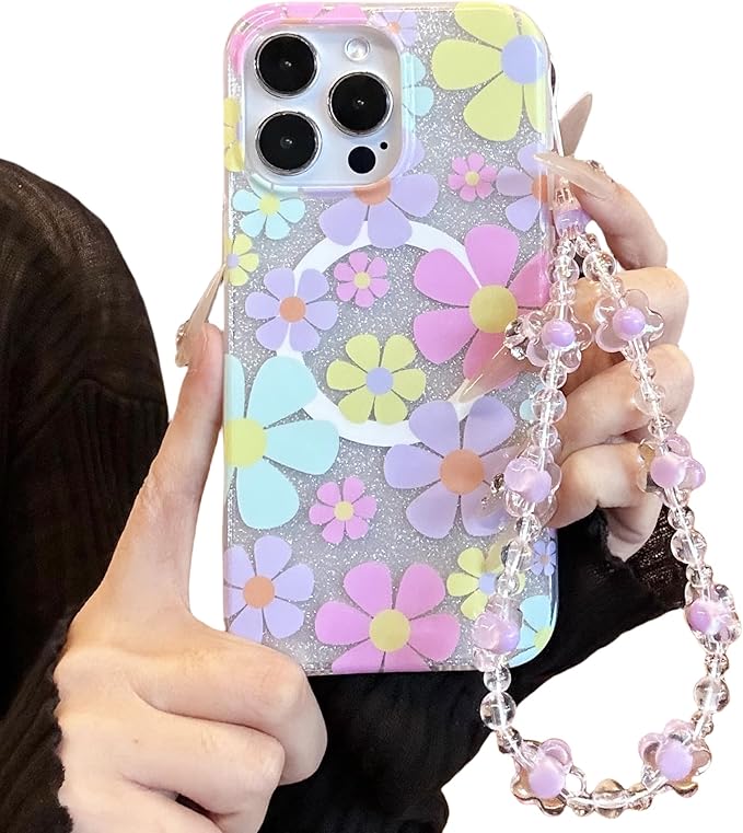 Compatible with iPhone 12 Cases Cute Bling Sparkly Floral Phone case,Flower with Wrist Strap Design, Compatible MagSafe Silicone Shockproof Phone case for Women and Teenage Girls.