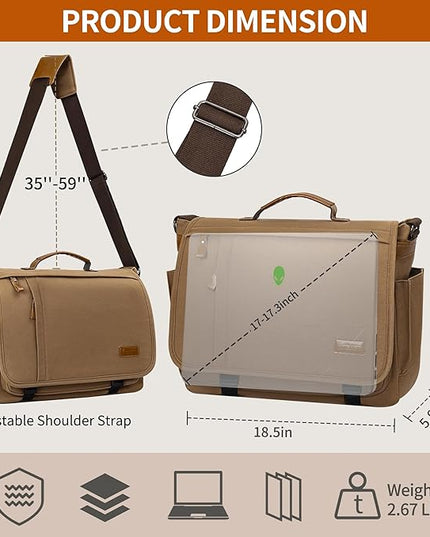 ESTARER Messenger Bag 17-17.3 Inch, Men's Computer Bag Water-resistant Canvas, Laptop Shoulder Bag for Travel Work College, Brown