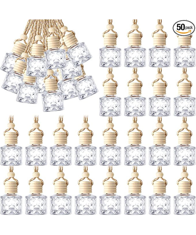 BBTO 50 Pcs Hanging Car Air Freshener Car Diffuser Bottles Empty Glass Perfume Bottle Freshener Diffuser Bottle Pendant for Essential Oil Fragrance Aromatherapy Bottle Ornament(Diamond)