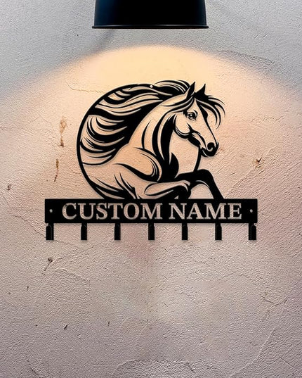 Personalized Custom Name Farm Horse Wall Key Hooks,Metal Horse Art Clothes Hooks,Metal Horse Wall Home Storage Decorative,For Front Door, Hallway, Kitchen, Bedroom,Keys,Hats (Style J)