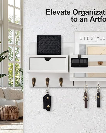 Lwenki Wall Mount Key Holder with Mail Organizer, 100% Paulownia Wood, 7 Metal Hooks, Storage Drawer, Entryway Home Decor (White)