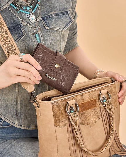 Montana West Womens Wallet Small Western Embossed Floral Wallet for Women Trifold Card Holder Wallets Ladies Female RFID Blocking Wallets Coffee with ID Window